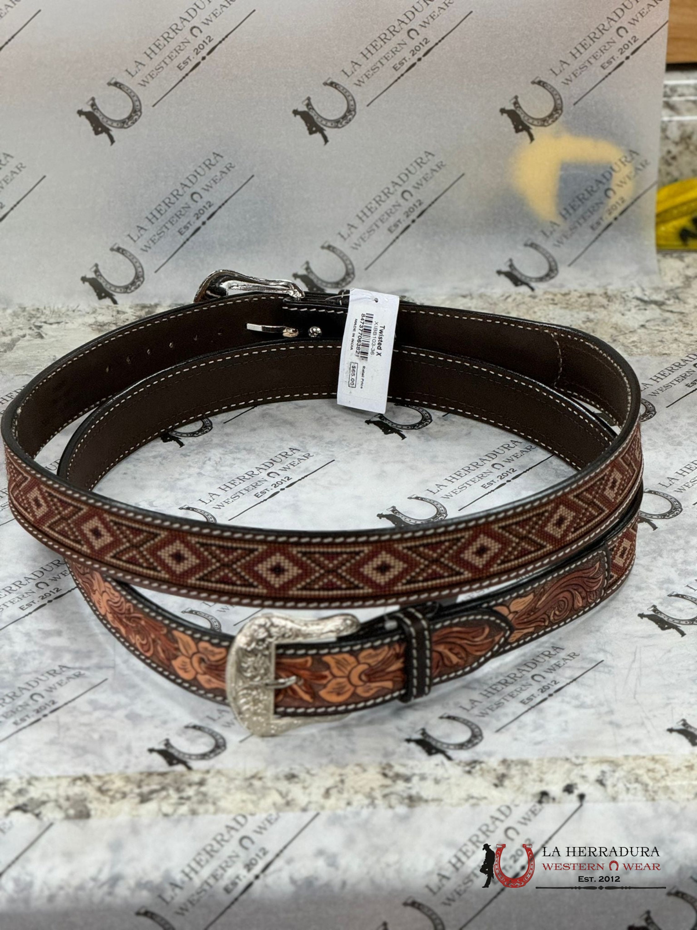 Twisted X Hand Tooled Brown Beaded Belt Cinturones Hombres