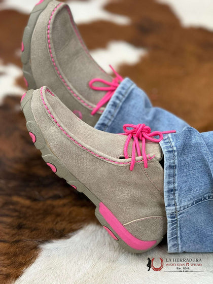 TWISTED X WOMENS DRIVING MOC DUSTY TAN NEON PINK CASUAL SHOE -WDM0012