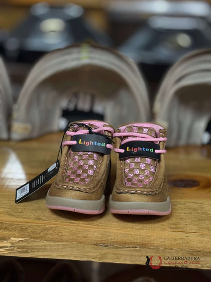 GIRLS TWISTER ‘LAUREN’ LIGHT PINK WITH BROWN LIGHT UP SHOE BABY 443000708