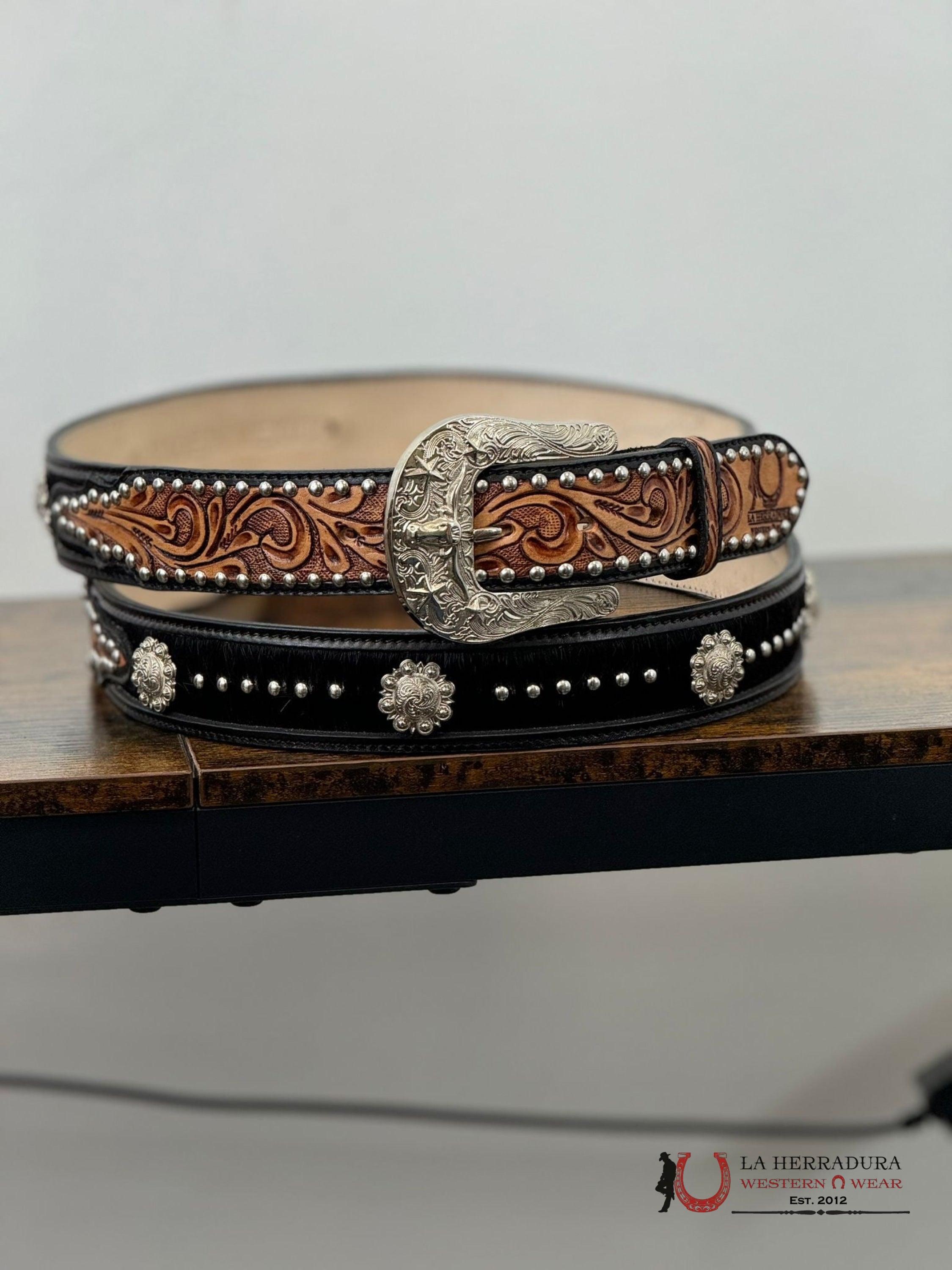 Unisex Handtooled All Black Cowhide Belt Cinturones Mujeres