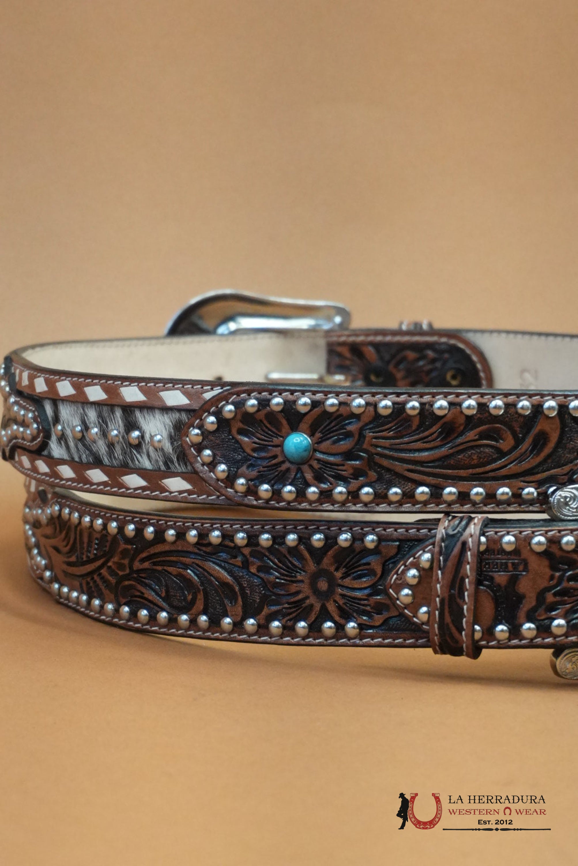 UNISEX HANDTOOLED COWHIDE EMBELLISH COGNAC BELT CINTURONES MUJERES