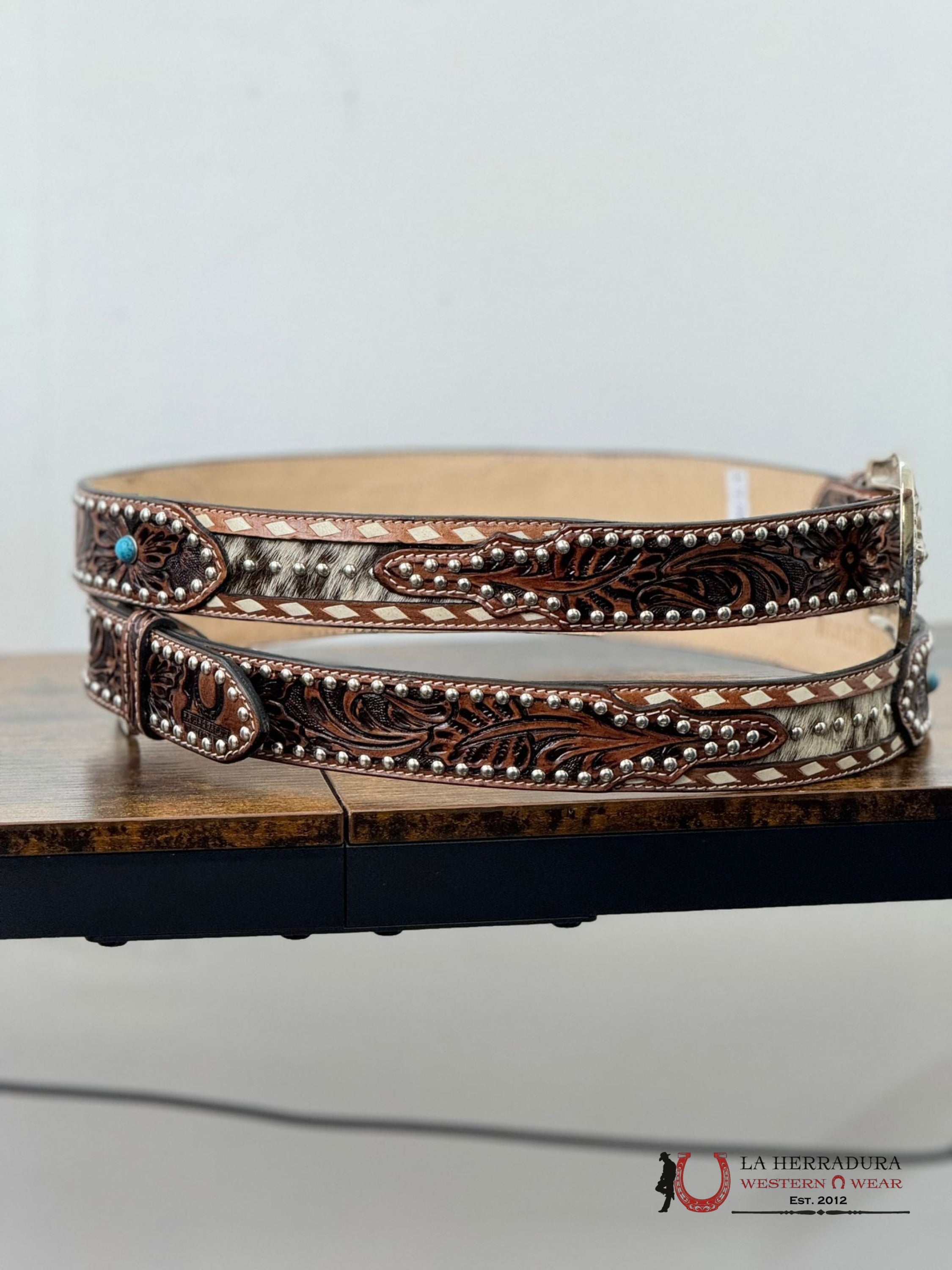 Unisex Handtooled Cowhide Embellish Cognac Belt Cinturones Mujeres