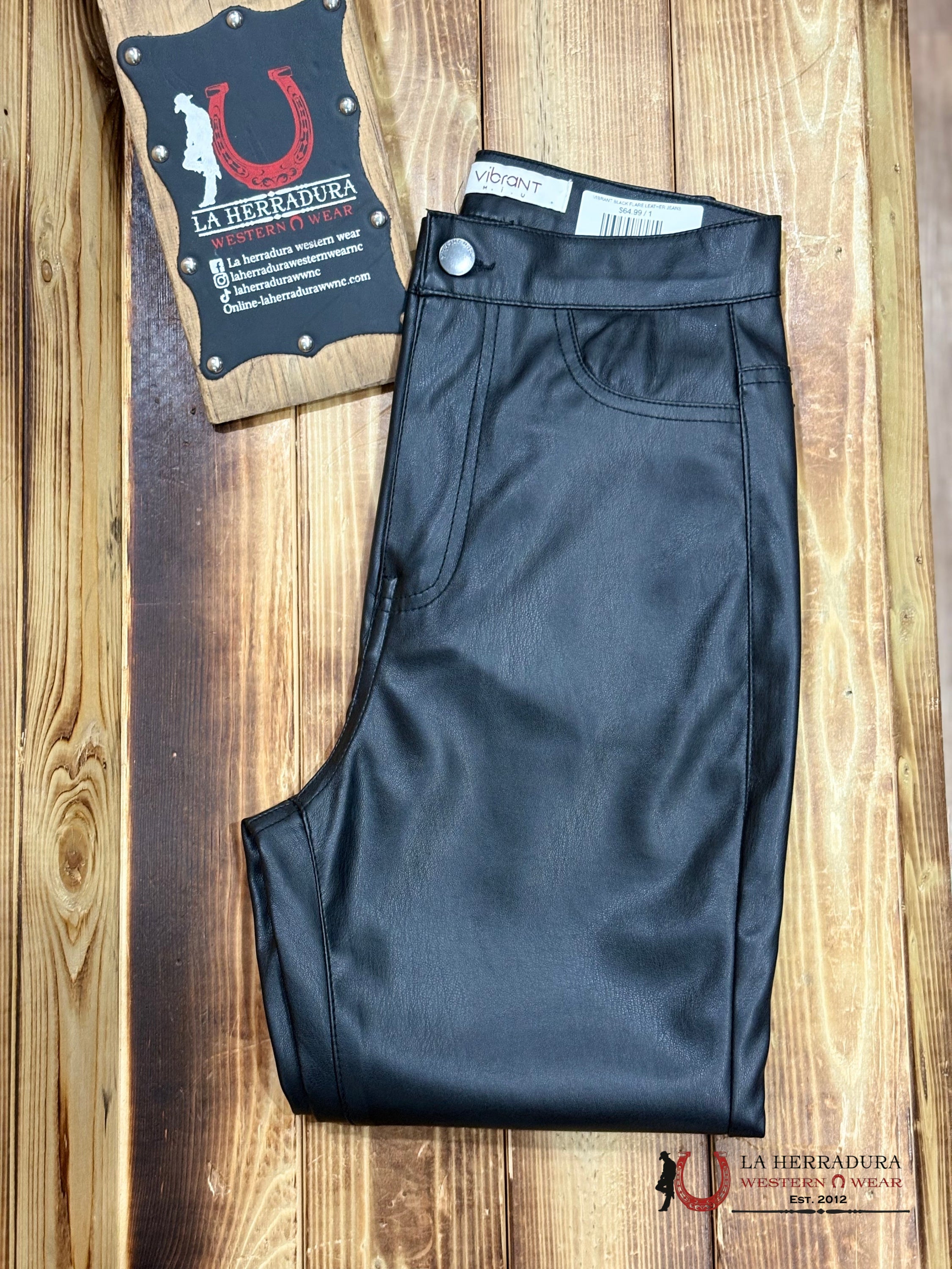 VIBRANT BLACK FLARE LEATHER JEANS ROCK&ROLL JEANS WOMEN