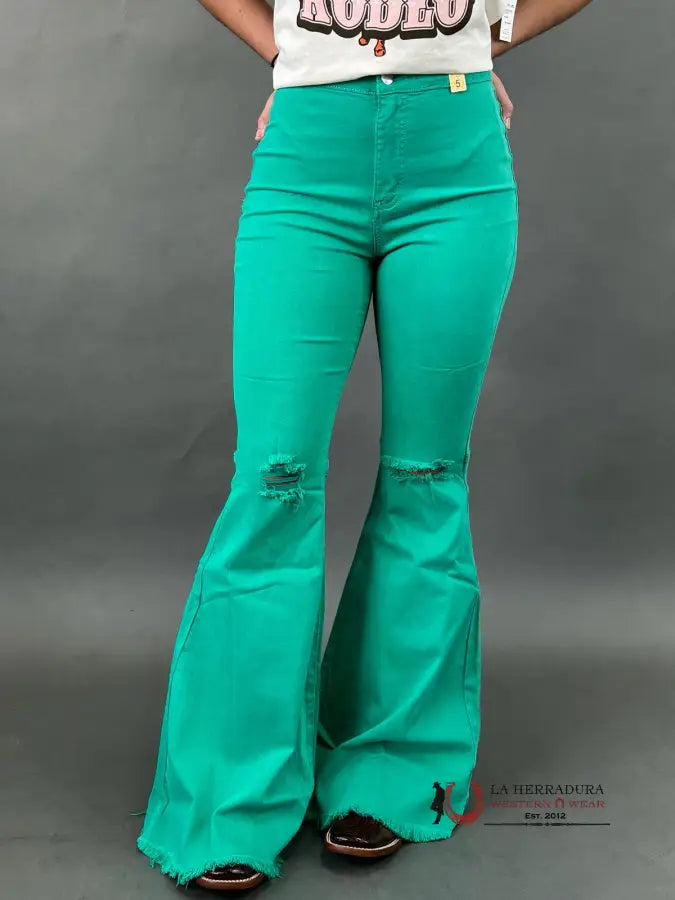 Vibrant Cool Green Flare Distressed Rock&Roll Jeans Women