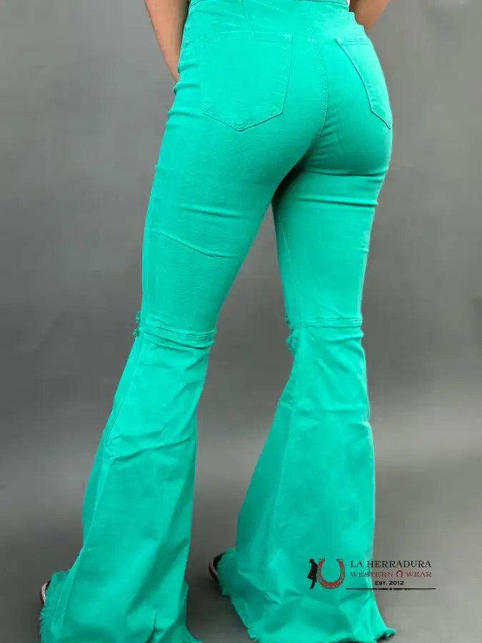 Vibrant Cool Green Flare Distressed Rock&Roll Jeans Women