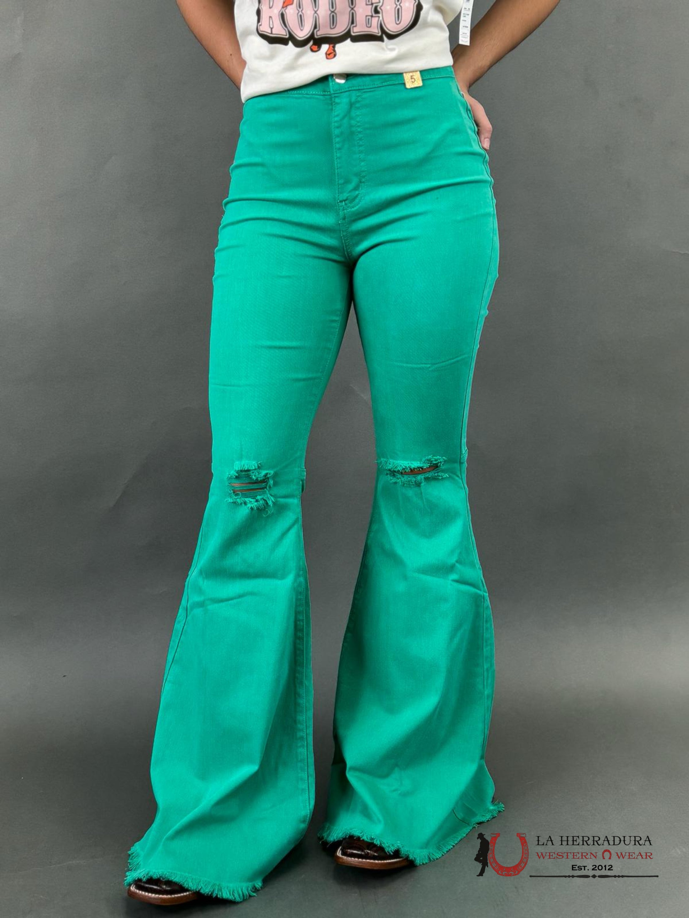 Vibrant Cool Green Flare Distressed Rock&Roll Jeans Women