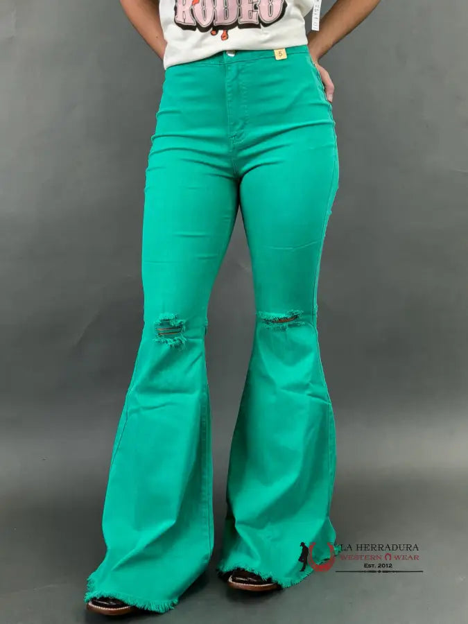 Vibrant Cool Green Flare Distressed Rock&Roll Jeans Women