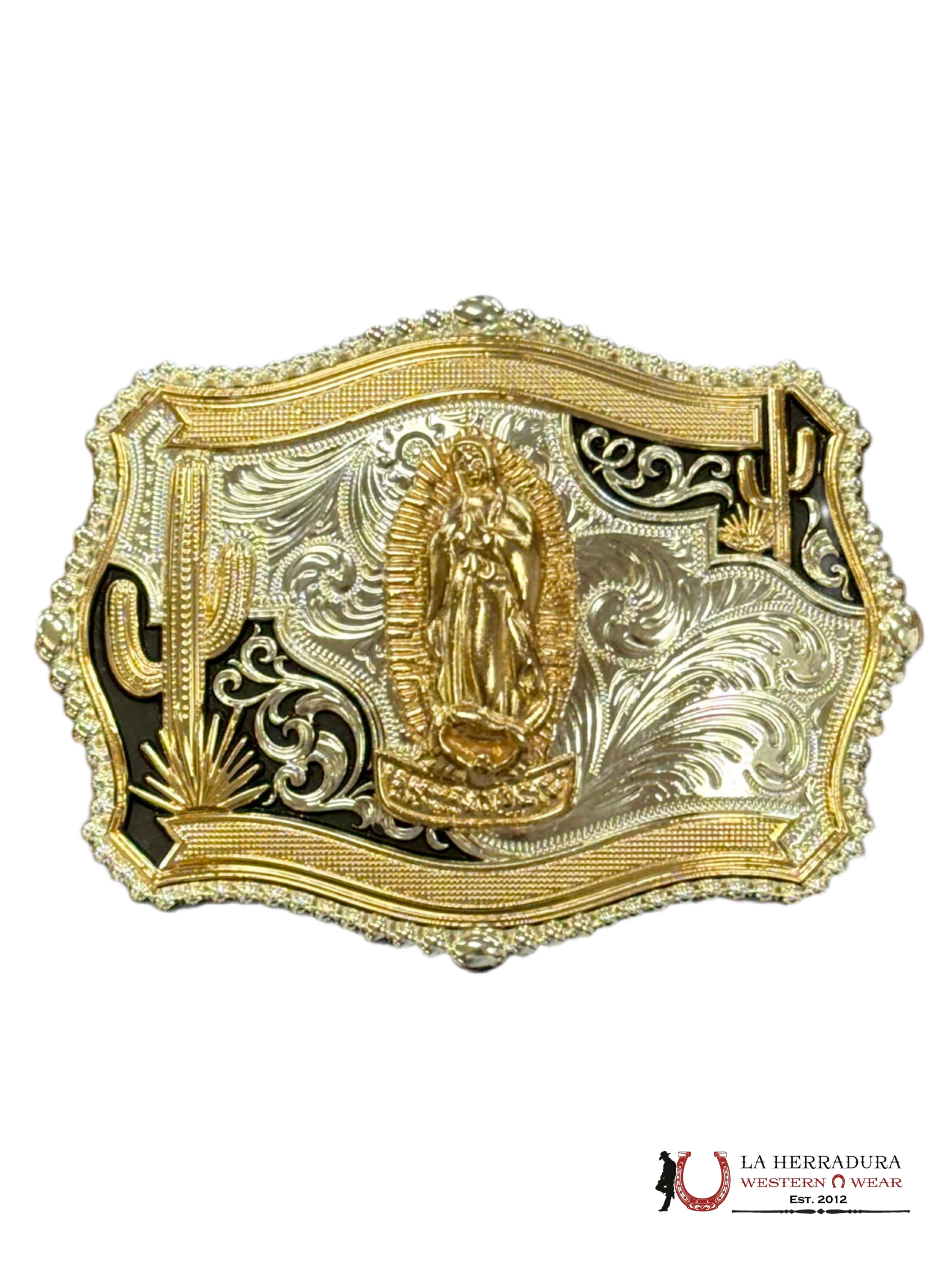 VIRGEN DE GUADALUPE GOLD AND BLACK DETAILS SQUARE BUCKLE ACCESORIOS