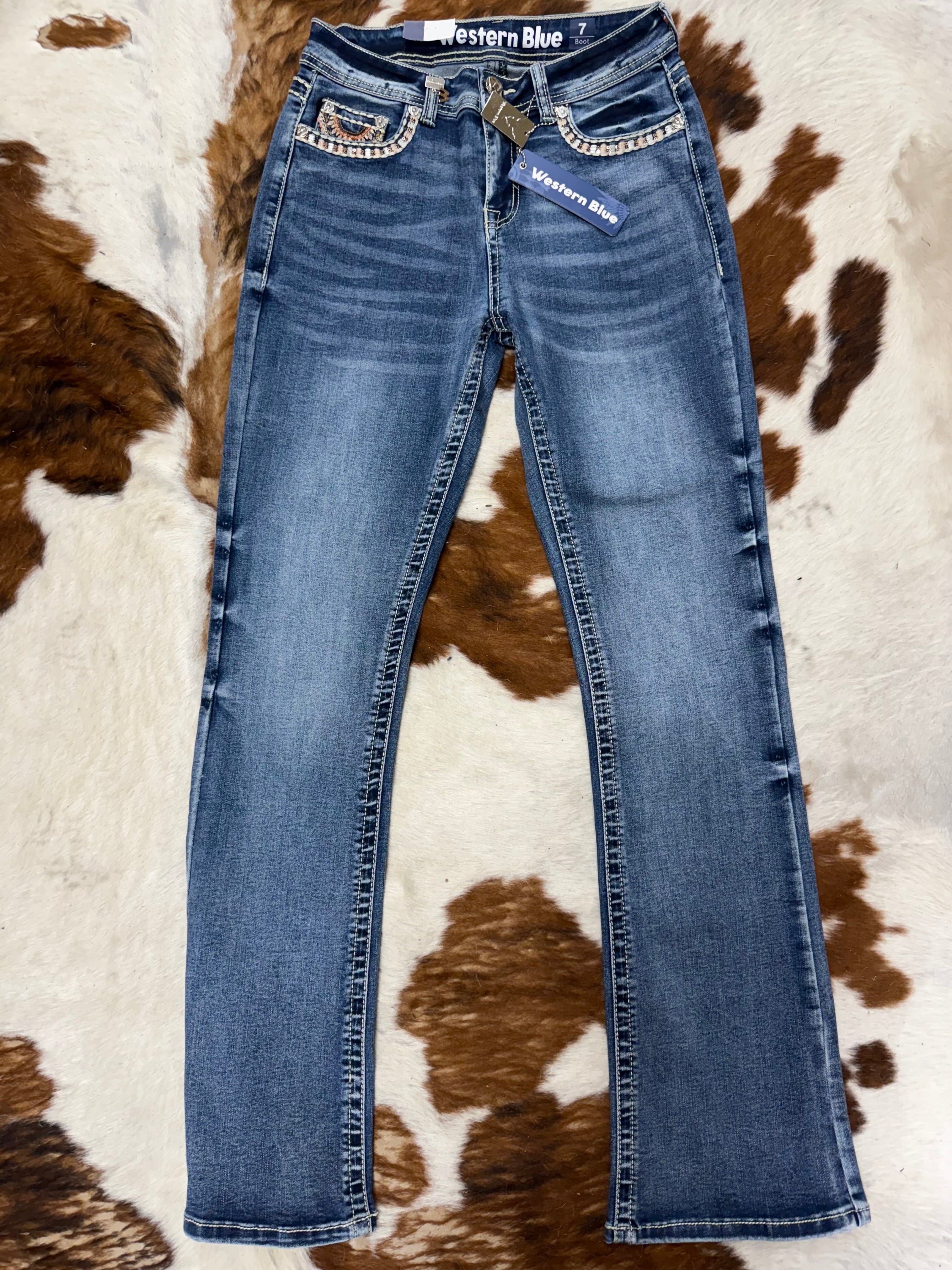 WESTERN BLUE DULCE LIGHT WASH BOOT CUT PINK AND WHITE EMBROIDERY