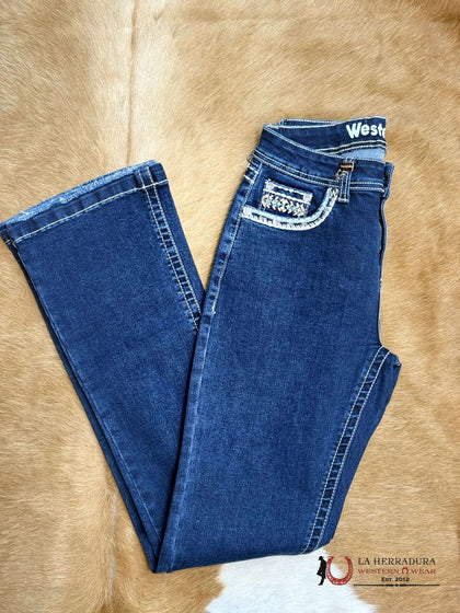 WESTERN BLUE EAGLE DARK BLUE JEAN WHITE STITCHING DIMOND BLUE & TAN EMBROIDERY W110-PB33