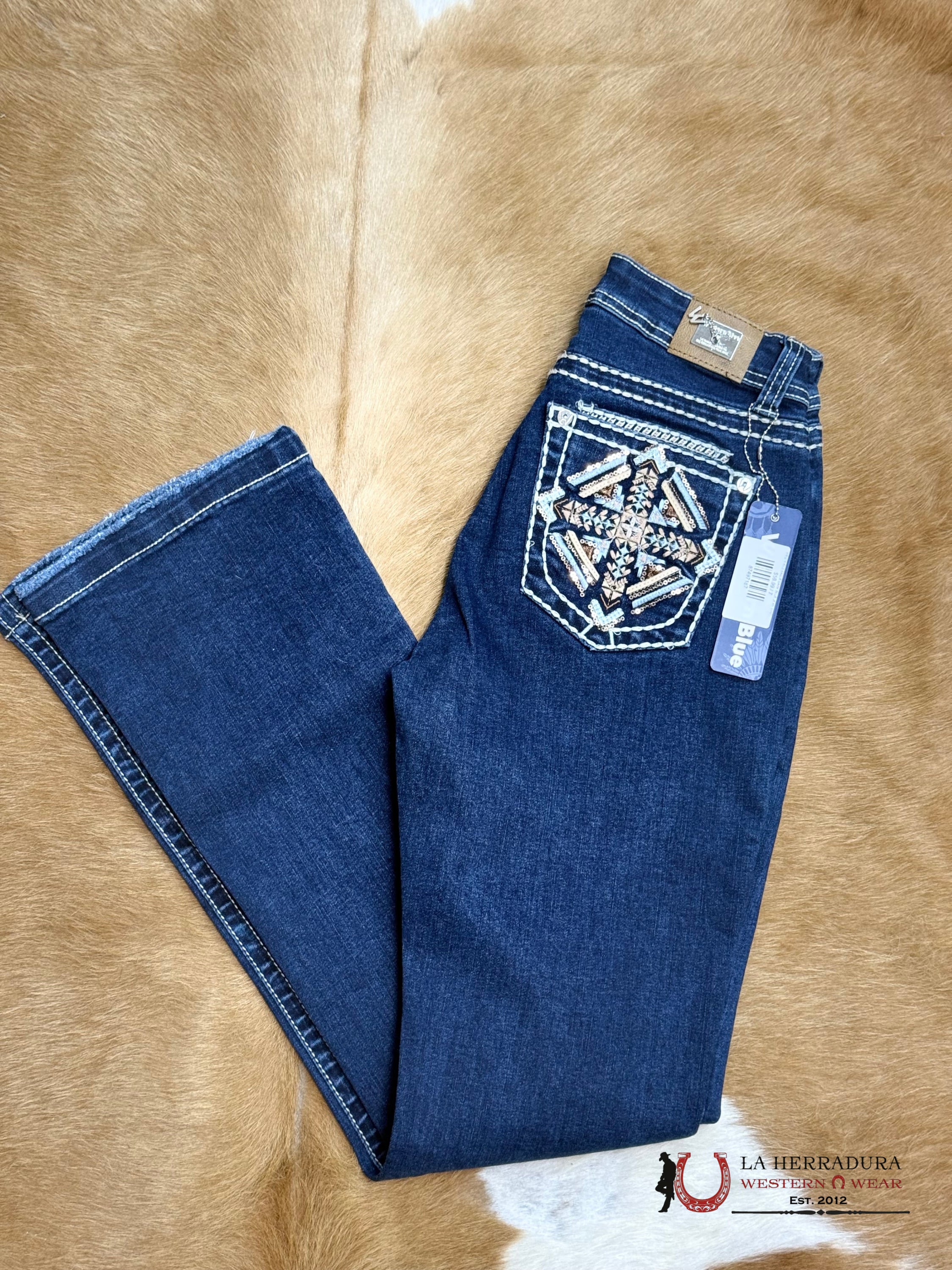 WESTERN BLUE EAGLE DARK BLUE JEAN WHITE STITCHING DIMOND BLUE & TAN EMBROIDERY W110-PB33 ROPA MUJERES