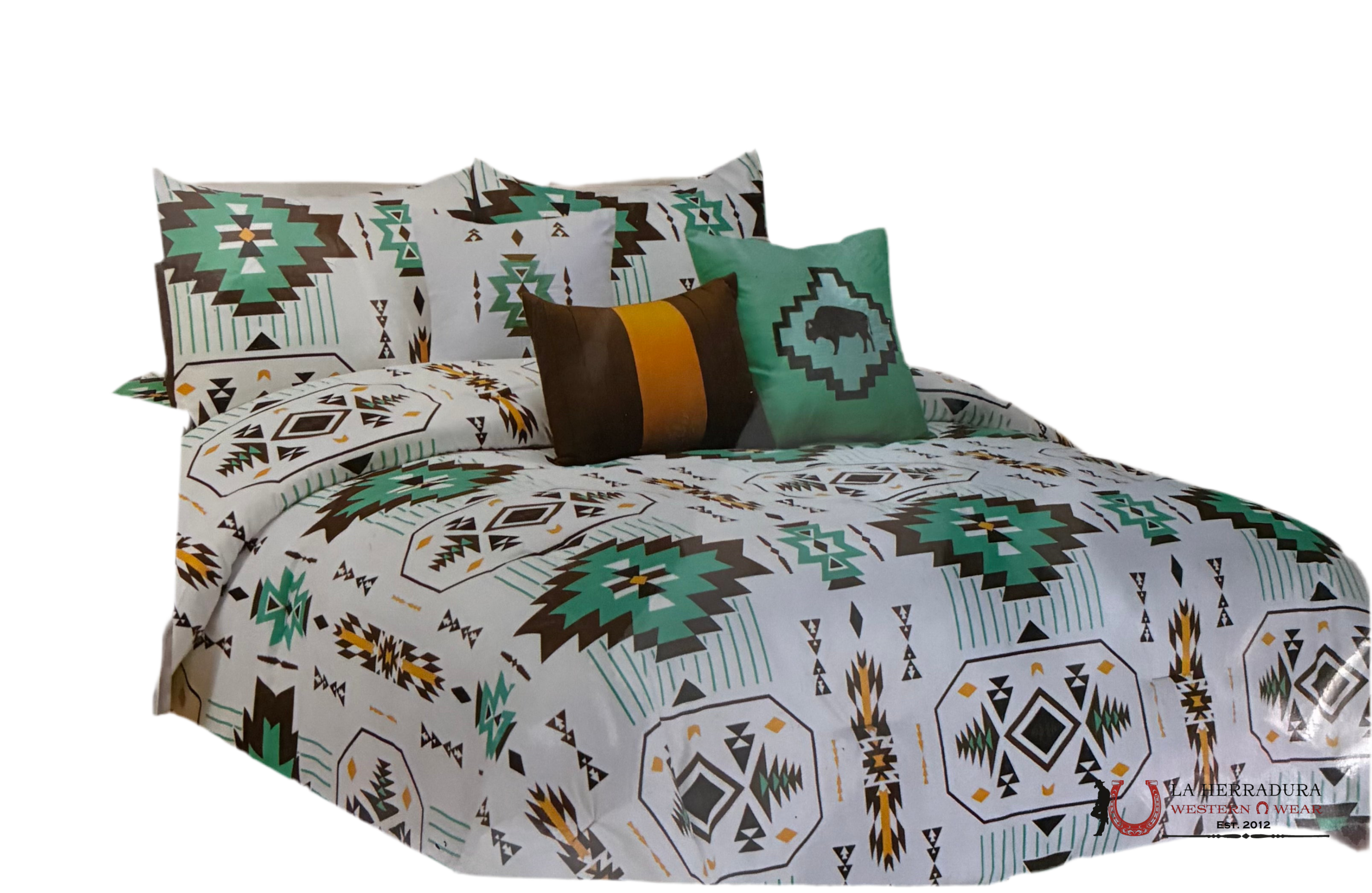 WESTERN LINEN QUEEN BED SET TURQUOISE AZTEC PRINT Unisex