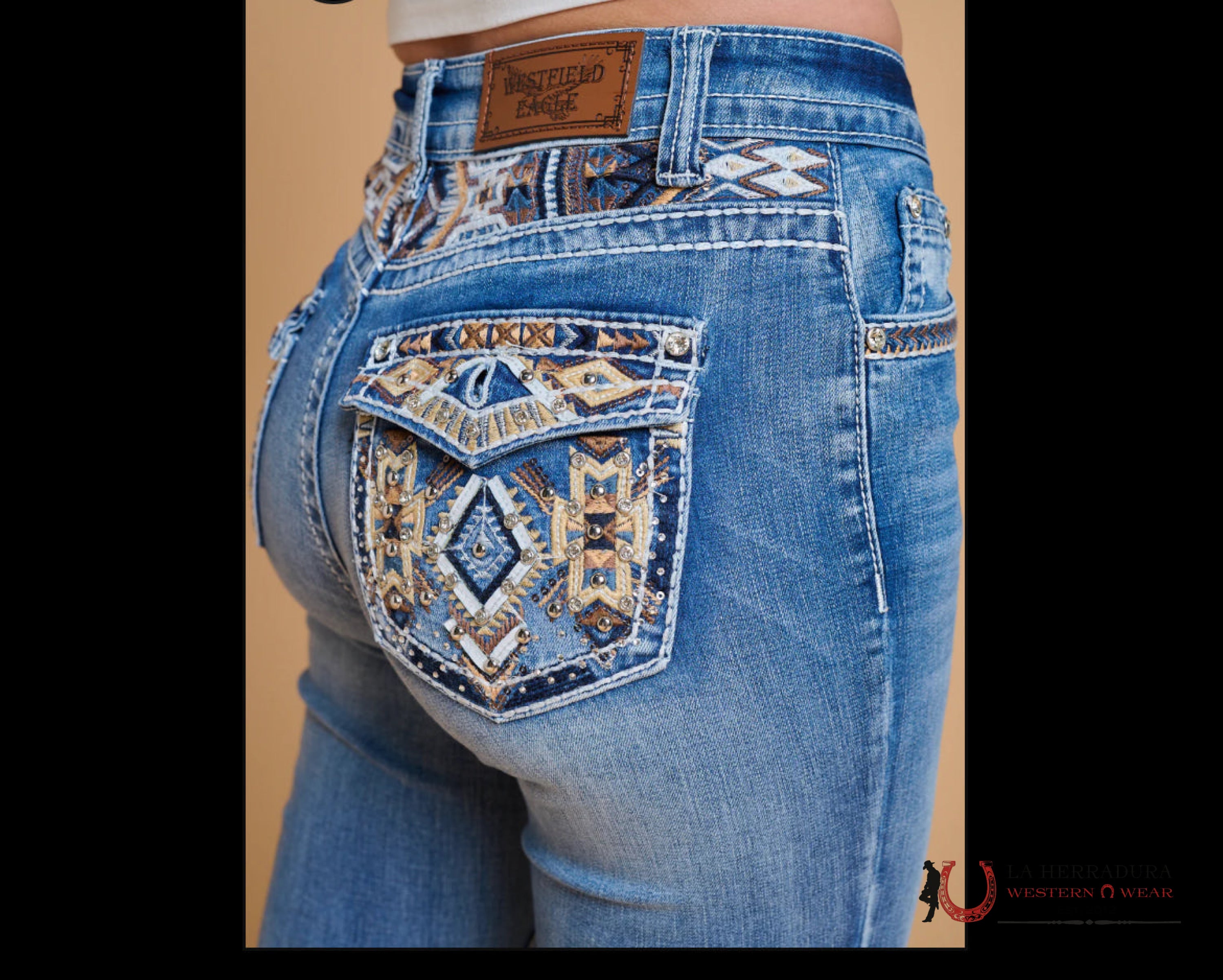 WESTFIELD EAGLE AZTEC RHINESTONE LIGHT WASH BOOTCUT WOMEN JEANS WT-731 ROPA MUJERES