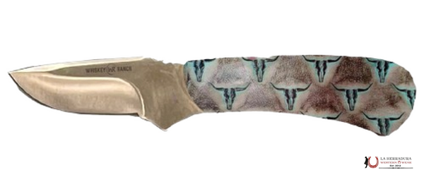 Cuchillo Whiskey Ranch con diseño Longhorn marrón/azul