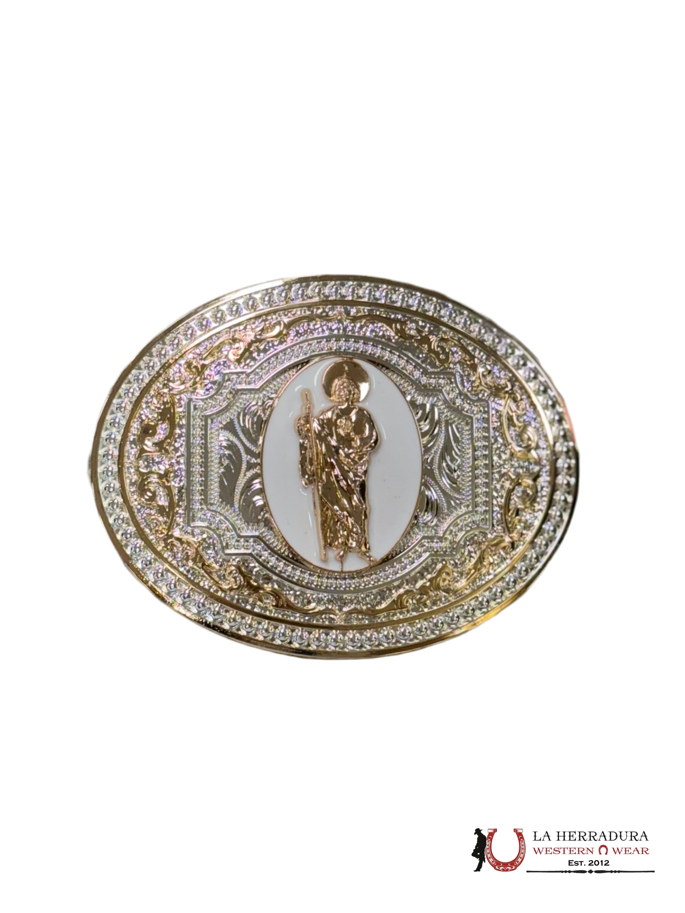 WHITE AND GOLD SAN JUDAS ROUND BUCKLE ACCESORIOS