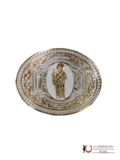 WHITE AND GOLD SAN JUDAS ROUND BUCKLE