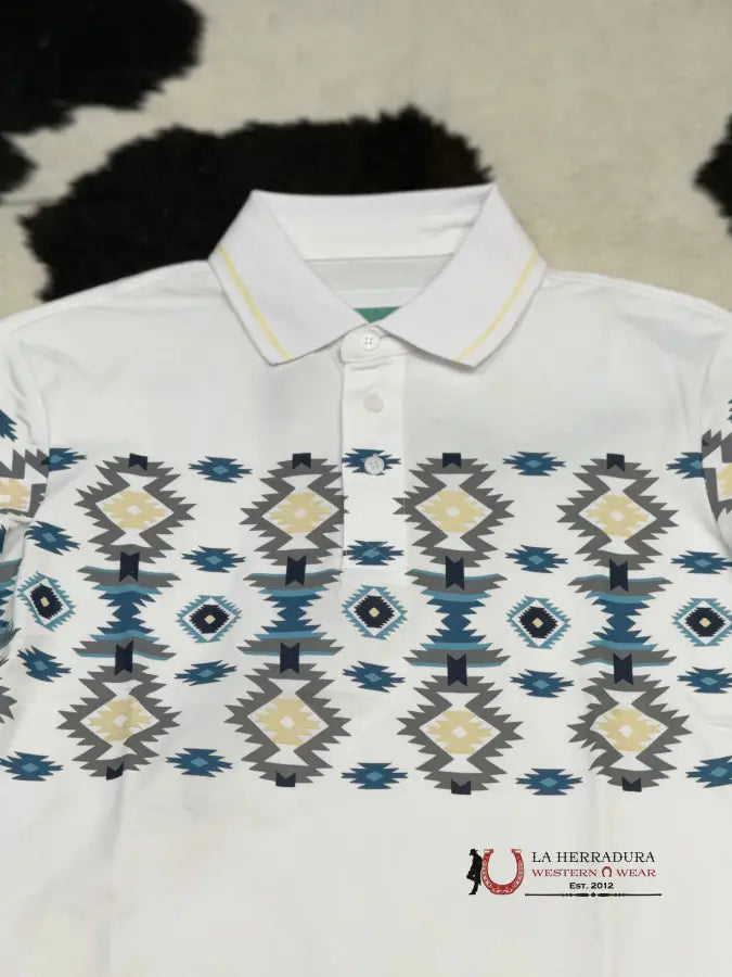 White Aztec Polo Short Sleeve Shirt Blue Teal Ropa Hombres