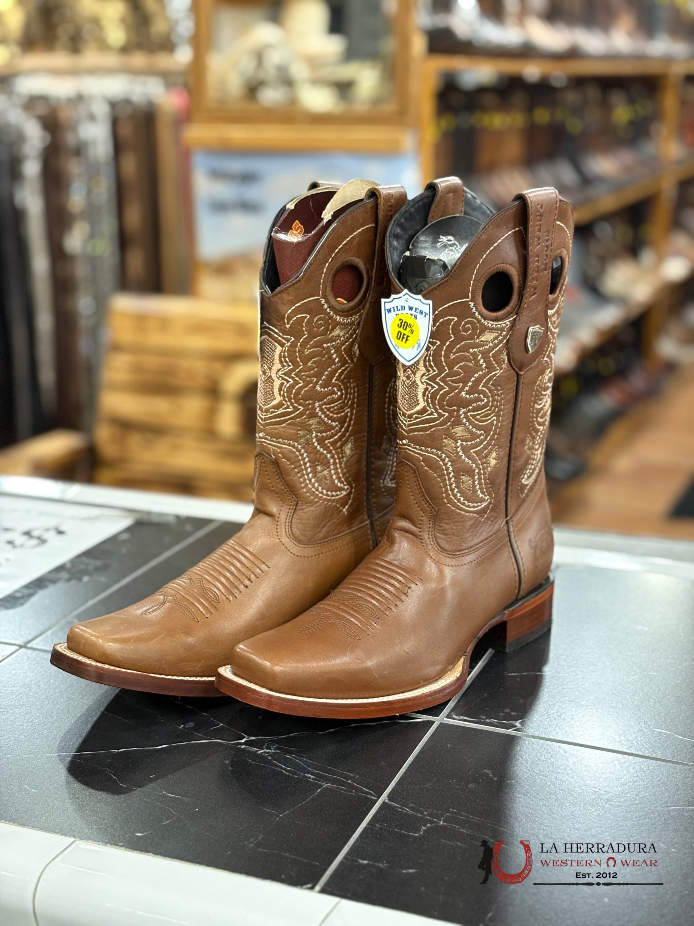 WILD WEST BOOTS RODEO SQUARE TOE PULL UP BROWN LEATHER SOLE - 28183807 BOTAS HOMBRES