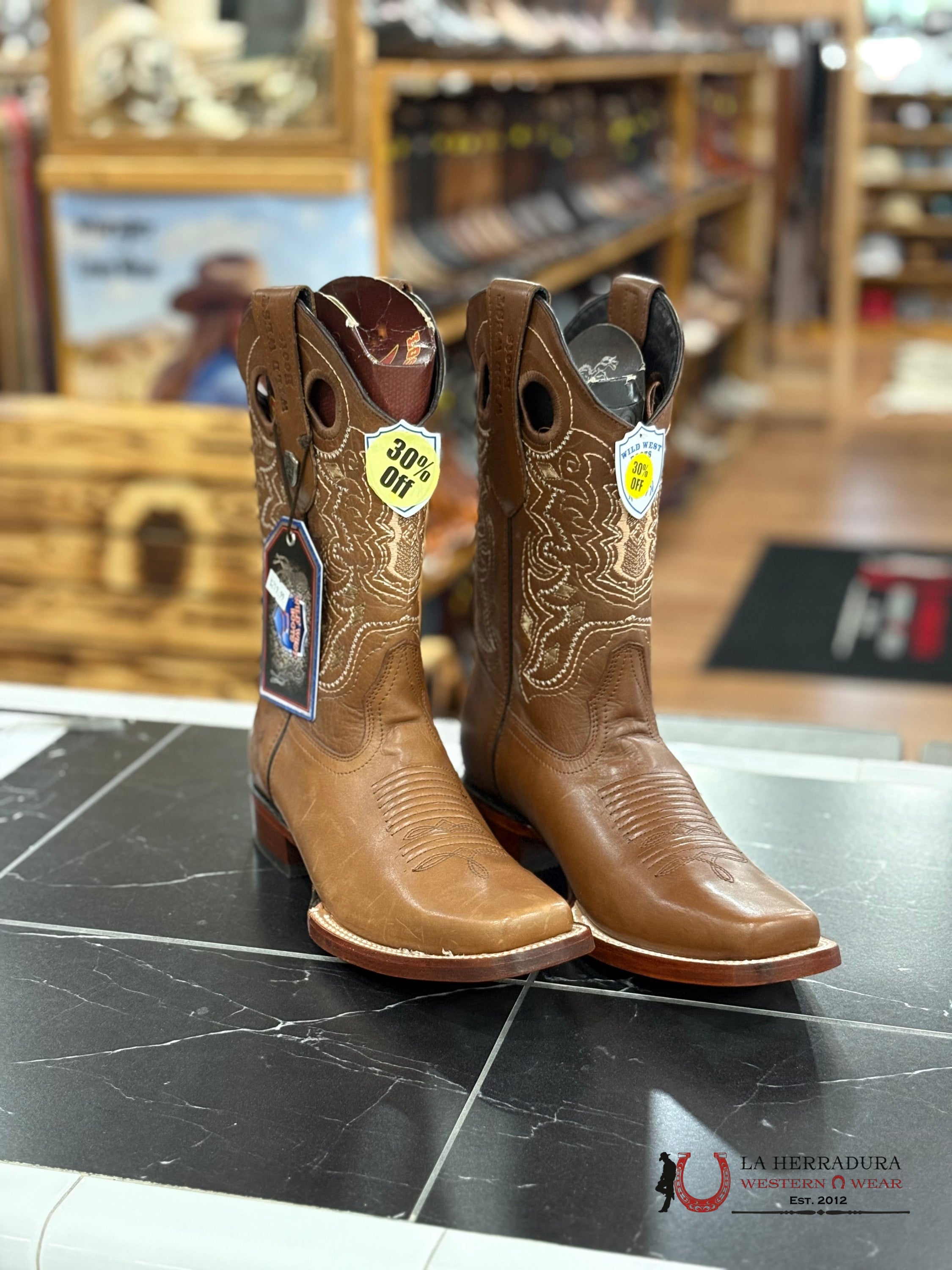 WILD WEST BOOTS RODEO SQUARE TOE PULL UP BROWN LEATHER SOLE - 8183807
