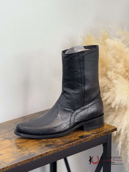 BOTA DE VESTIR DE CAÑA CORTA ESTILO SALVAJE OESTE DE AVESTRUZ LISA EXÓTICA NEGRA - 278BI9705