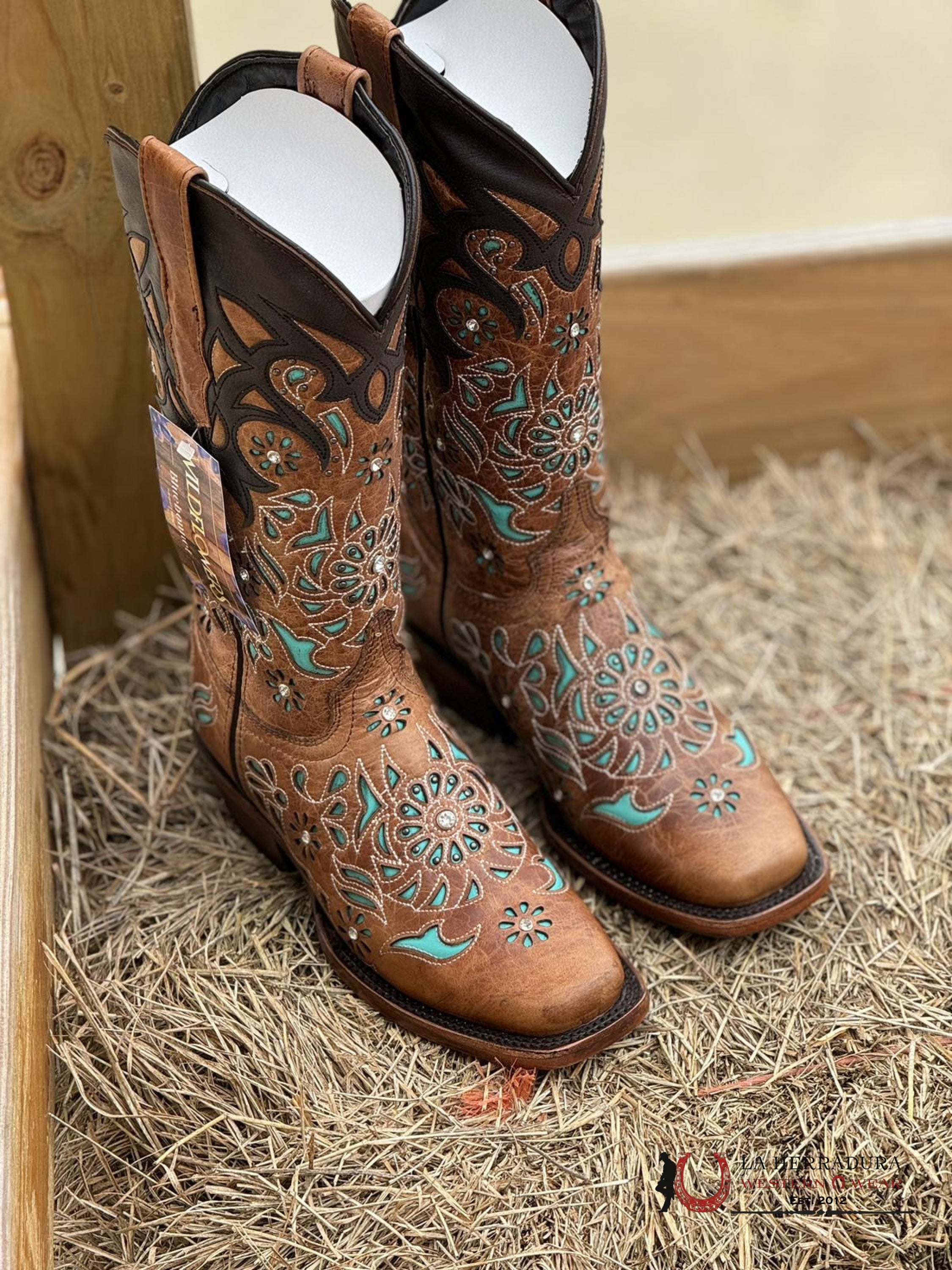 Wildflower Black Top Turquoise Semi Square Toe Jd0028 Botas Mujeres