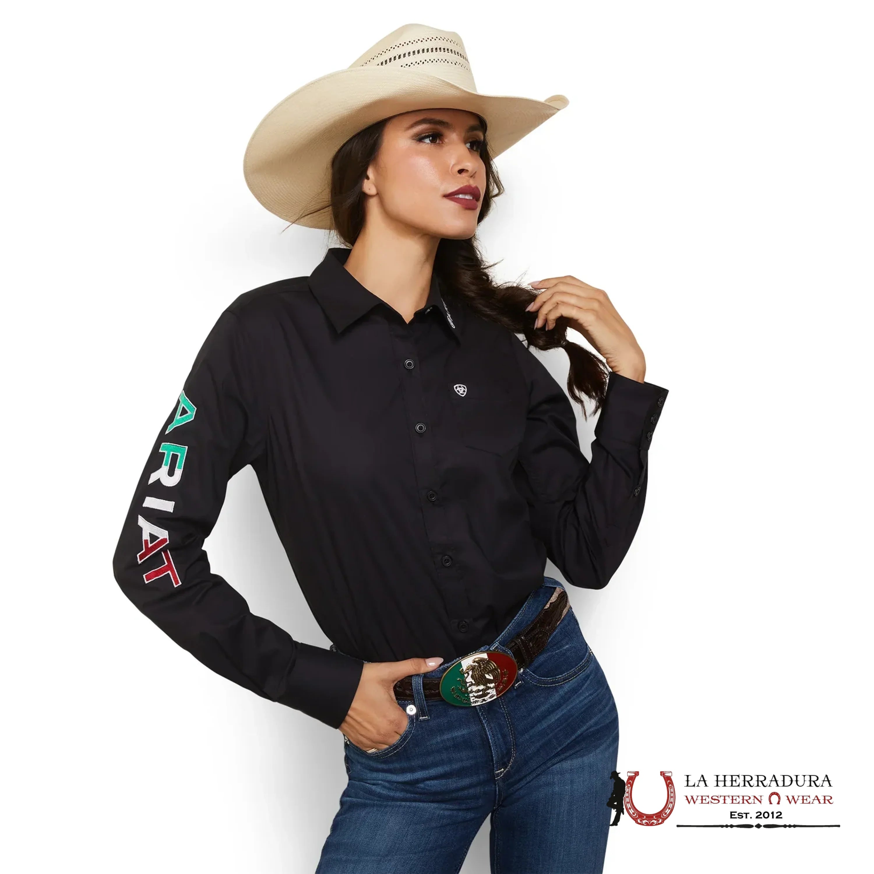 WOMEN ARIAT BLACK MEXICO FLAG LONG SLEEVE EMBROIDERY 10043552 ROPA MUJERES