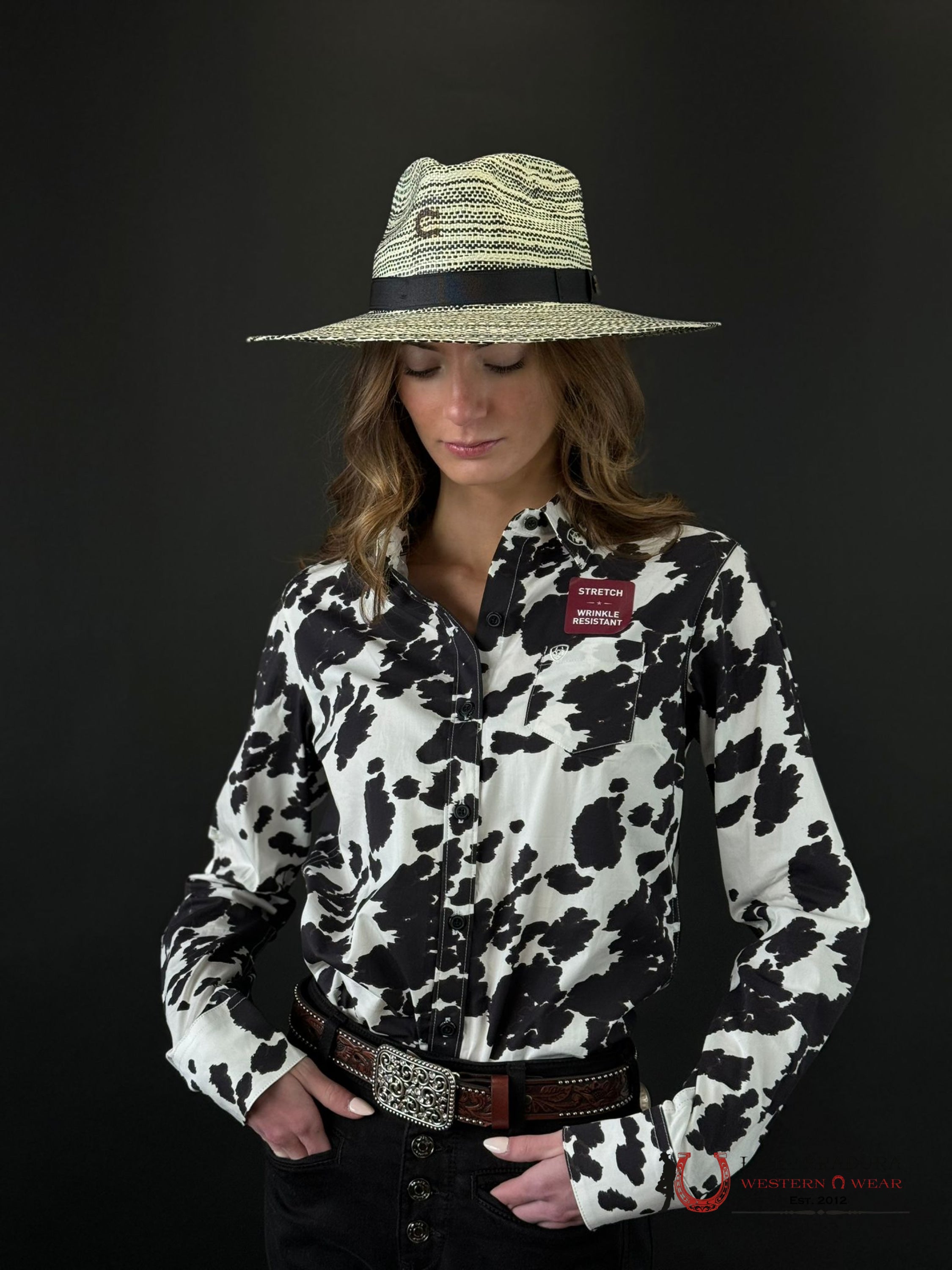 Women Ariat Team Kirby Long Sleeve Cow Print Ropa Mujeres