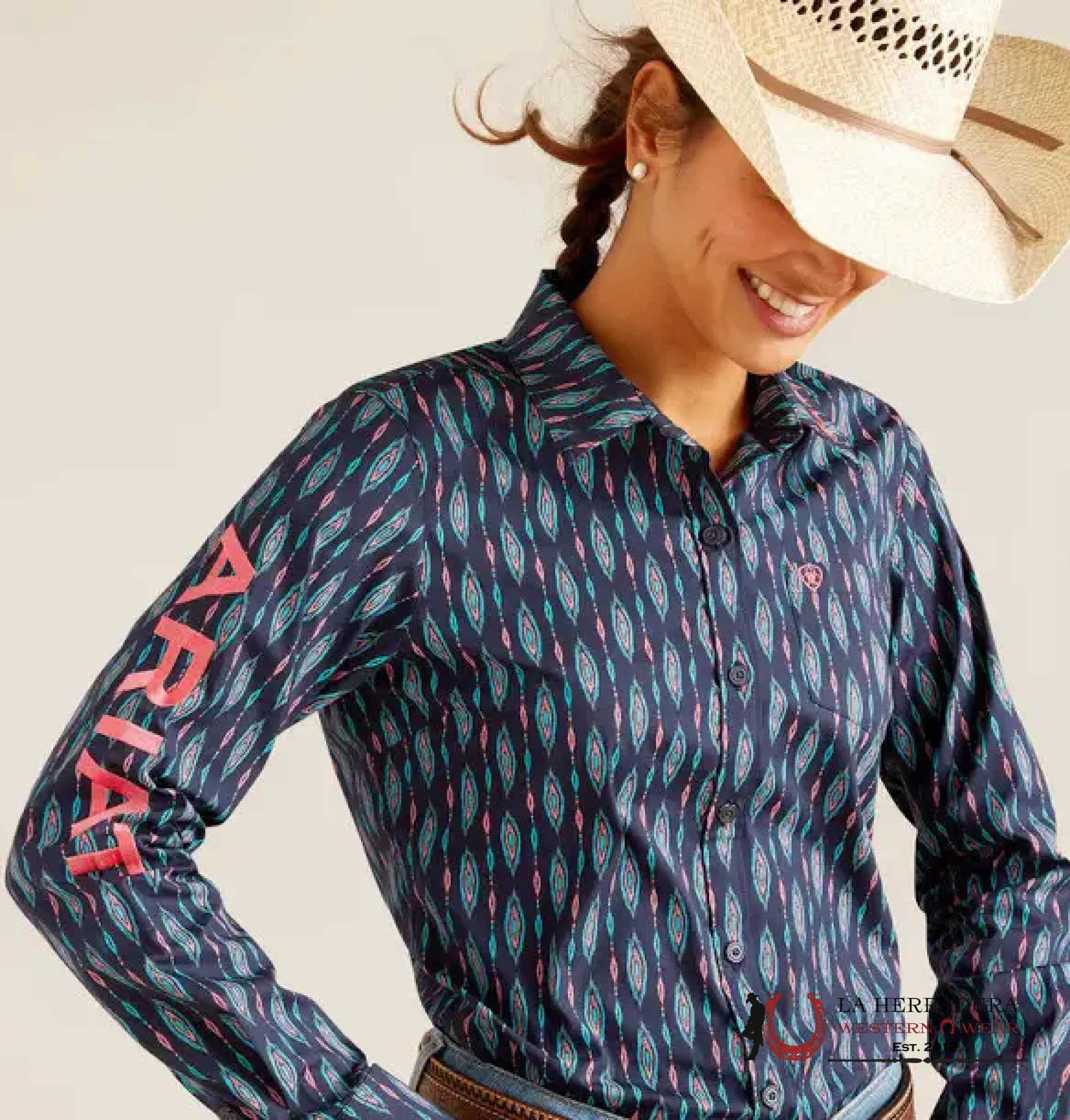 WOMEN ARIAT KIRBT STRECH BACKWOODS IKAT LONG SLEEVE SHIRT 10048753 ROPA MUJERES