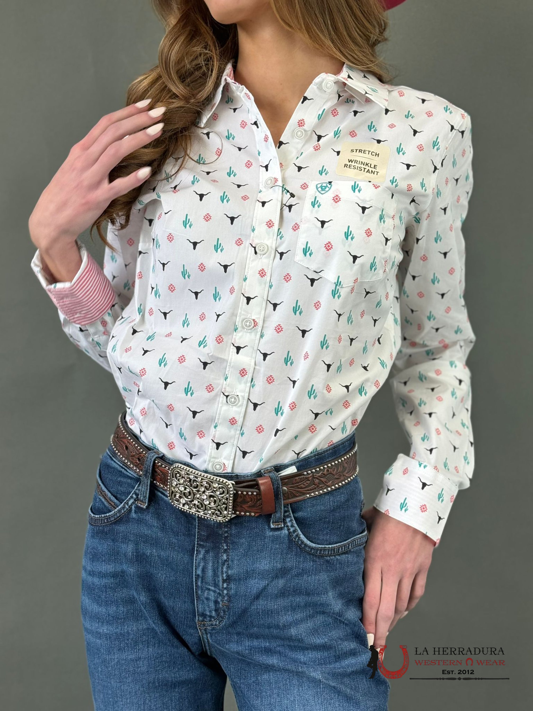 Women Ariat Team Kirby Long Sleeve Steer Garden Western Print Ropa Mujeres