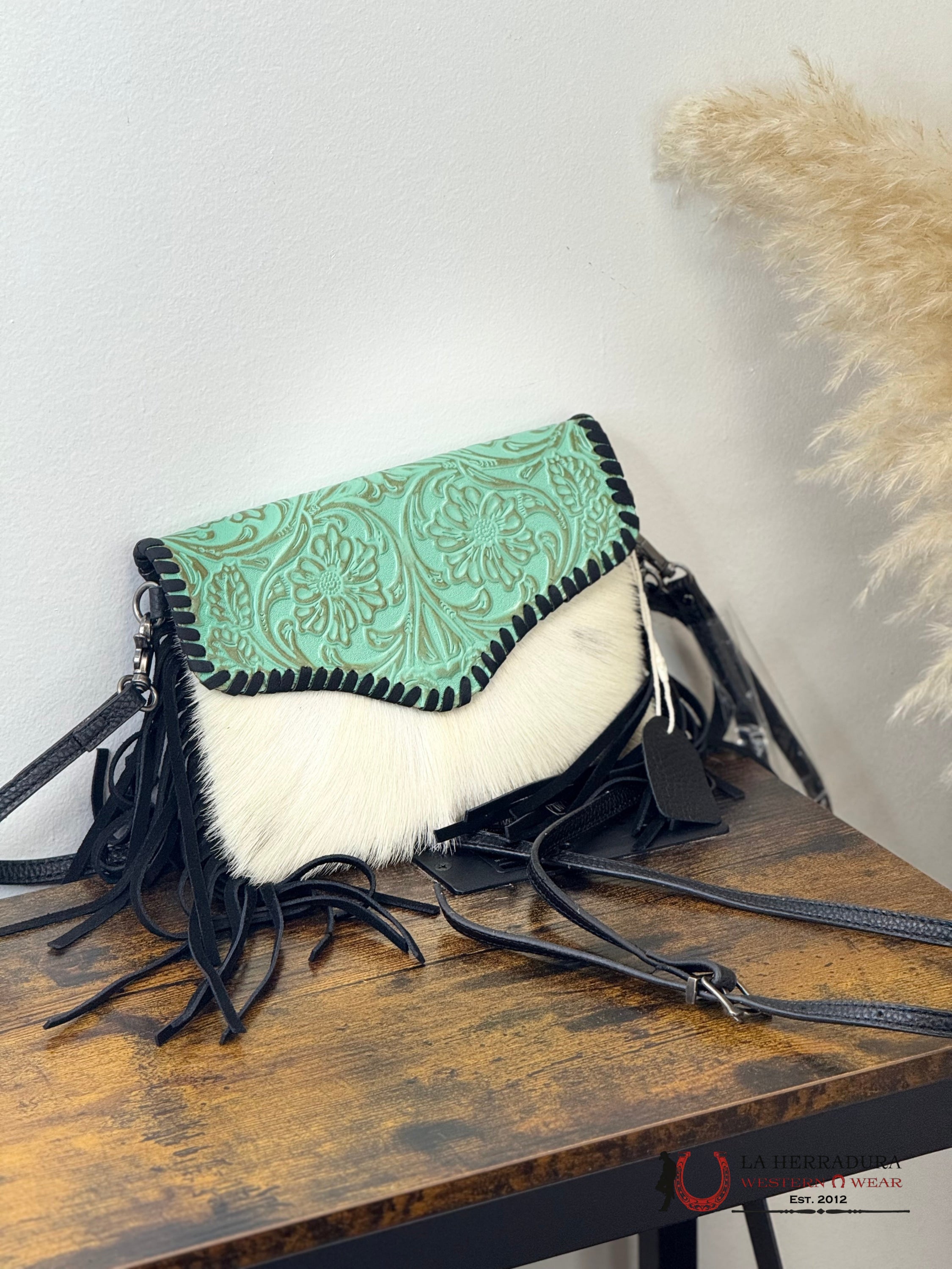 WOMEN CROSSBODY UNIQUE COWDISE HAND TOOLED TURQUOISE BLACK FRING