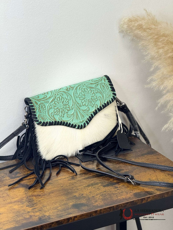 BOLSO CRUZADO DE MUJER ÚNICO CON FRINGE NEGRO TURQUESA DE CUERO REPULSADO