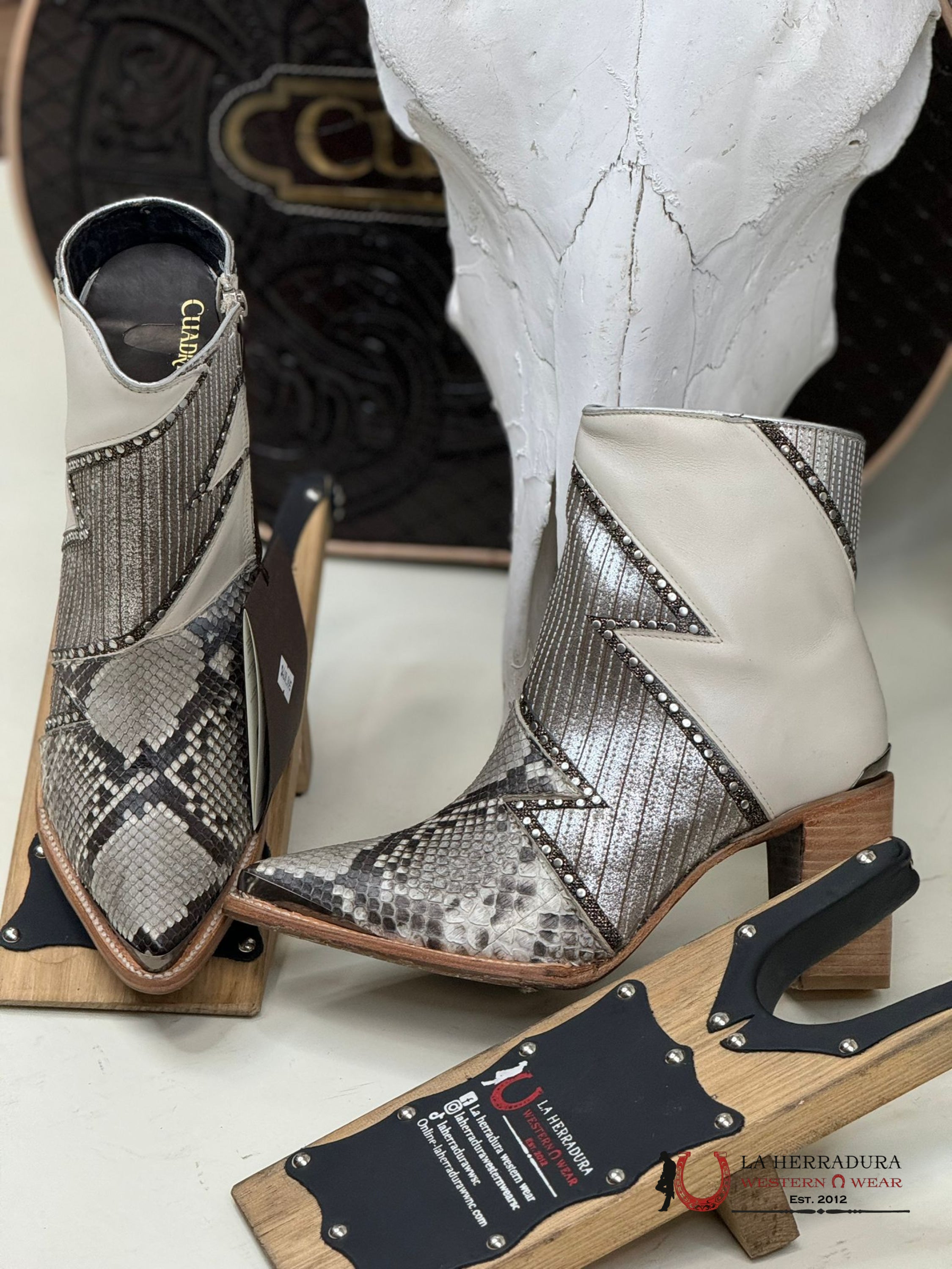 Women Cuadra Short Boot Python Belly Grecas Beige Zipper & Studs Pointed Toe Botas Mujeres