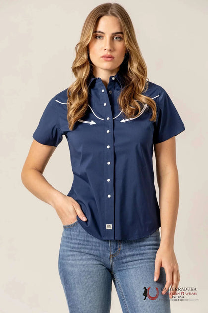 Camisa de mujer Kimes Ranch de manga corta con estampado Long Horn en azul marino