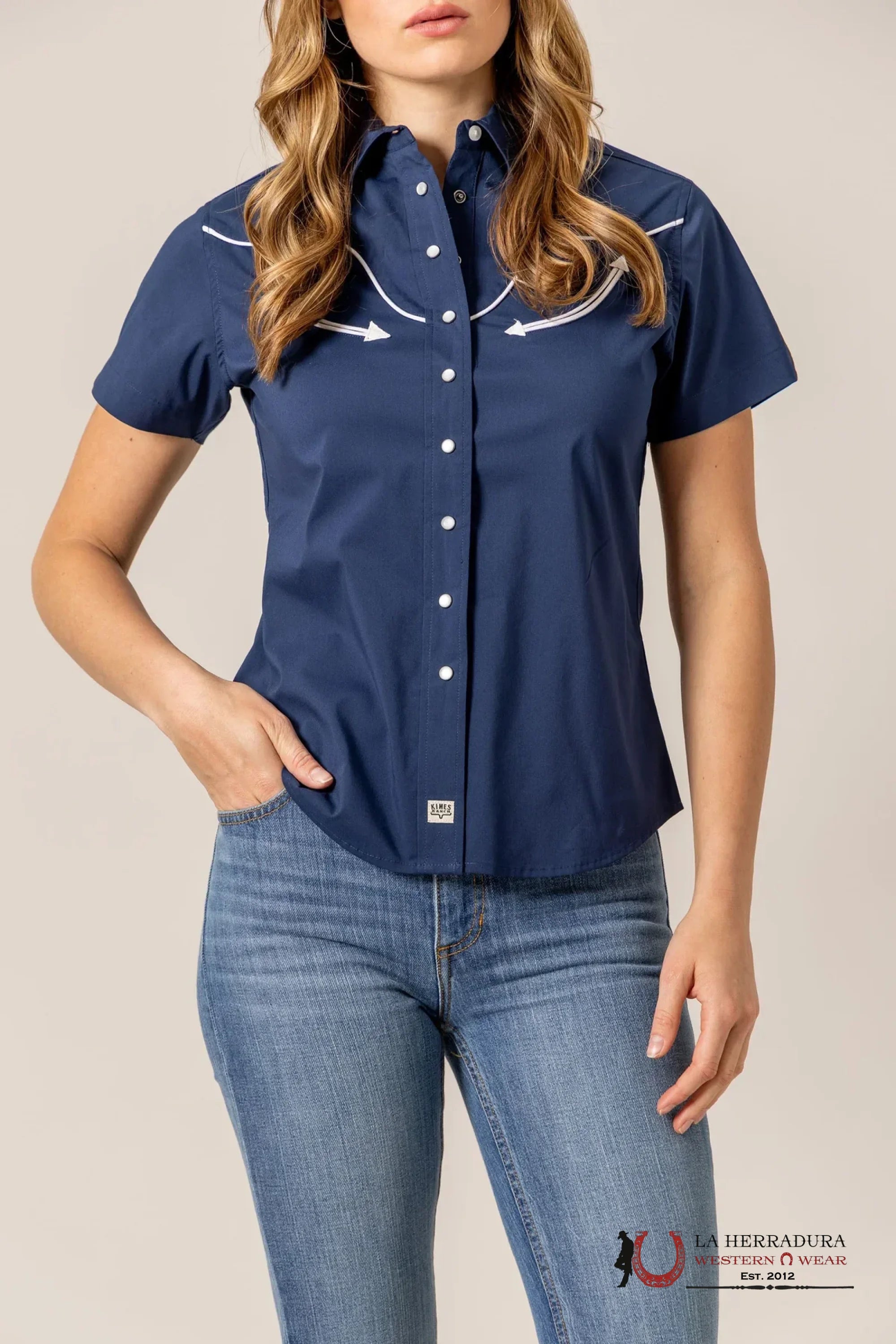 Women Kimes Ranch Short Sleeve Long Horn Navy Shirn ROPA MUJERES