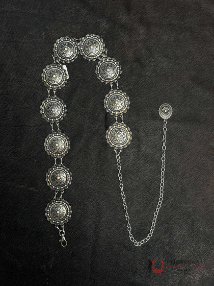 WOMEN SILVER FLOWER DESIGN WITH HOLOGRAPHIC CRYSTALS CHAIN BELT