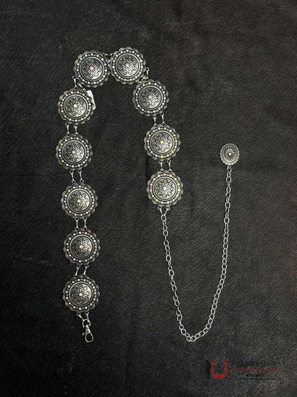 CINTURÓN DE CADENA CON DISEÑO FLORAL PLATEADO Y CRISTALES HOLOGRÁFICOS PARA MUJER