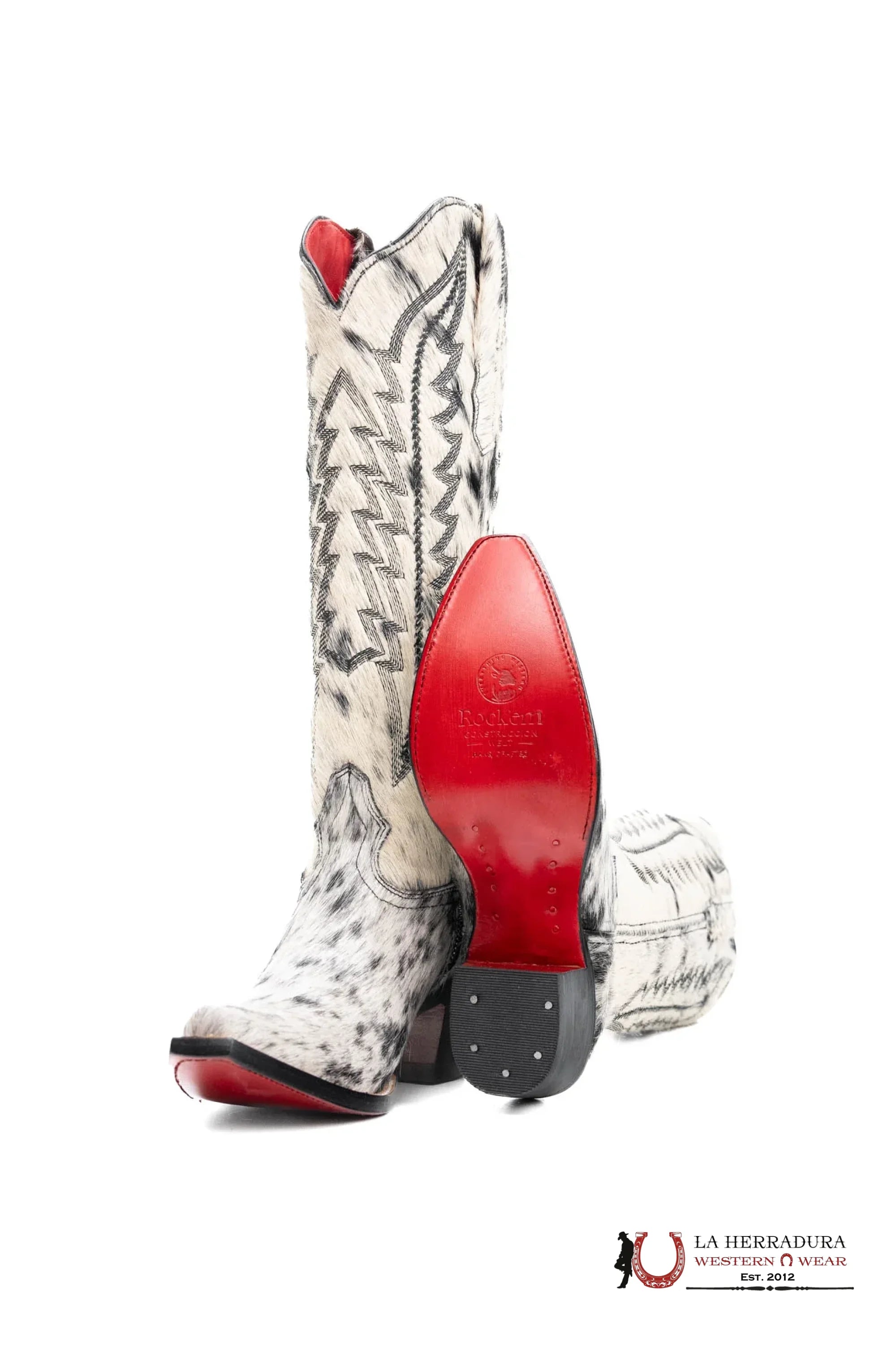 WOMEN TALL COWHIDE BLANCO/NEGRO RED BOTTOM NEGRO BOOT POINT TOE EVERY PAIR IS UNIQUE BOTAS MUJERES