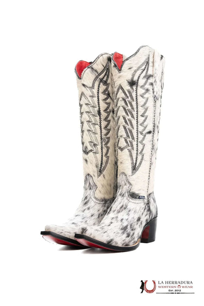 BOTAS ALTAS DE VAQUETA BLANCO/NEGRO DE MUJER CON SUELA ROJA Y PUNTA, CADA PAR ES ÚNICO