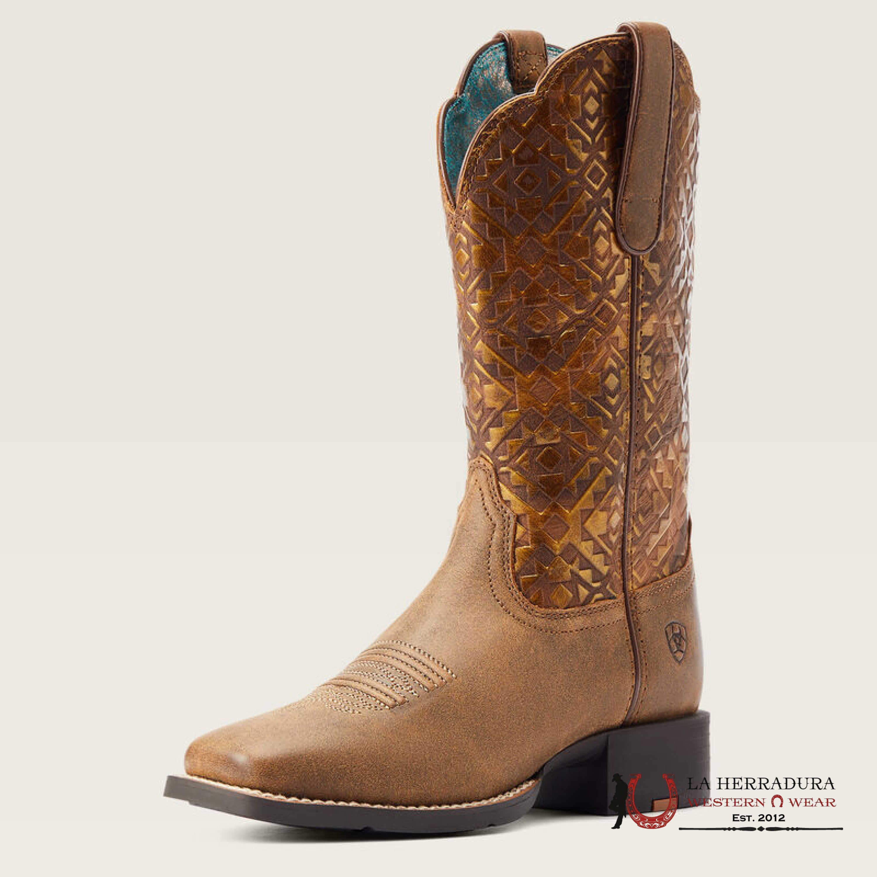 WOMENS ARIAT ROUND UP WIDE SQUARE TOE BARE BROWN/COPPER BLANKET EMBOSS 10044431 BOTAS MUJERES