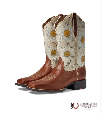 WOMENS ARIAT ROUND UP WIDE SWUARE TOE CNTON BROWN DAISY LOGO 10046881