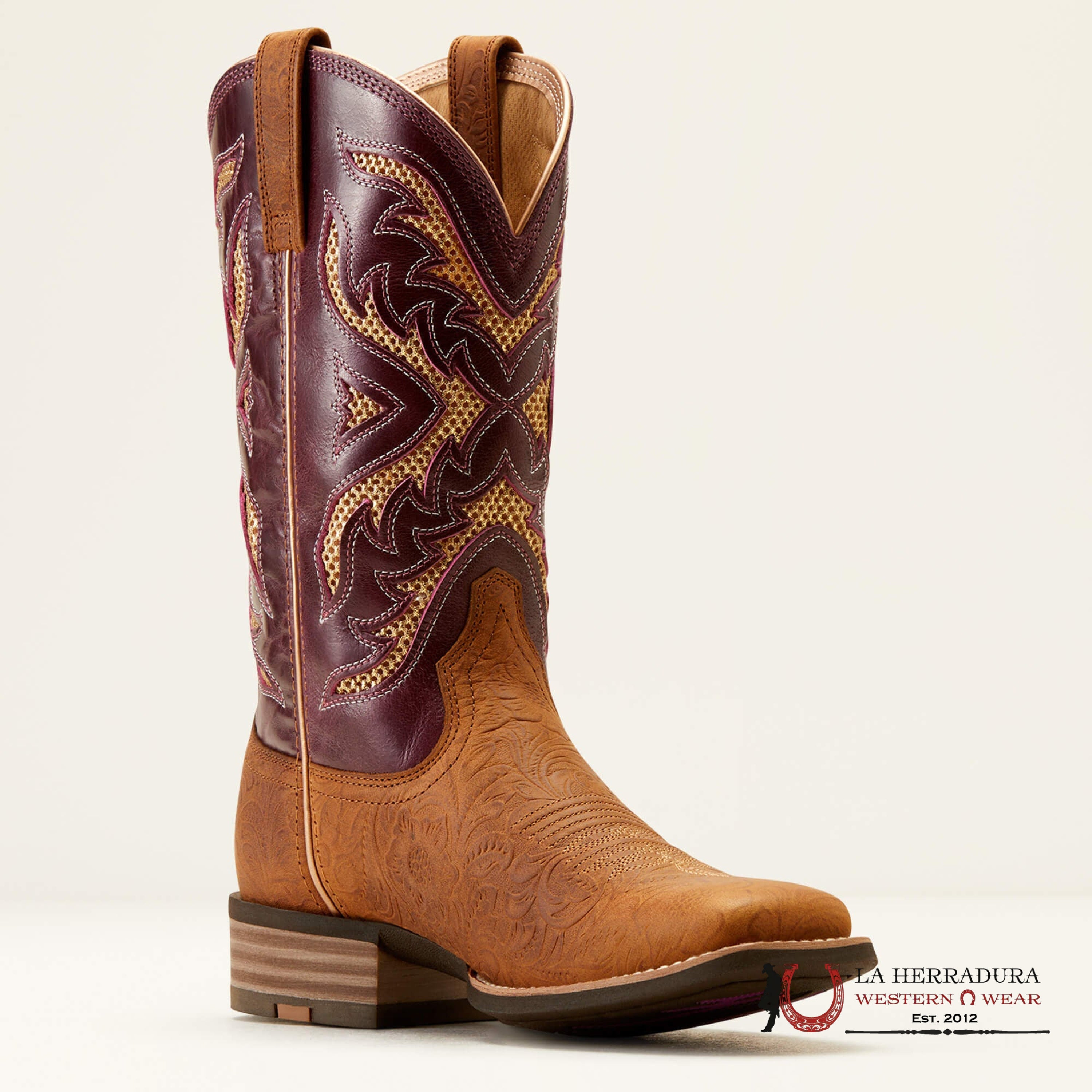 WOMEN’S ARIAT SAN ANGELO VENTTEX 360 TOOLED TOASTED ALMOND AGED MERLOT BOOT- 10051023 BOTAS MUJERES