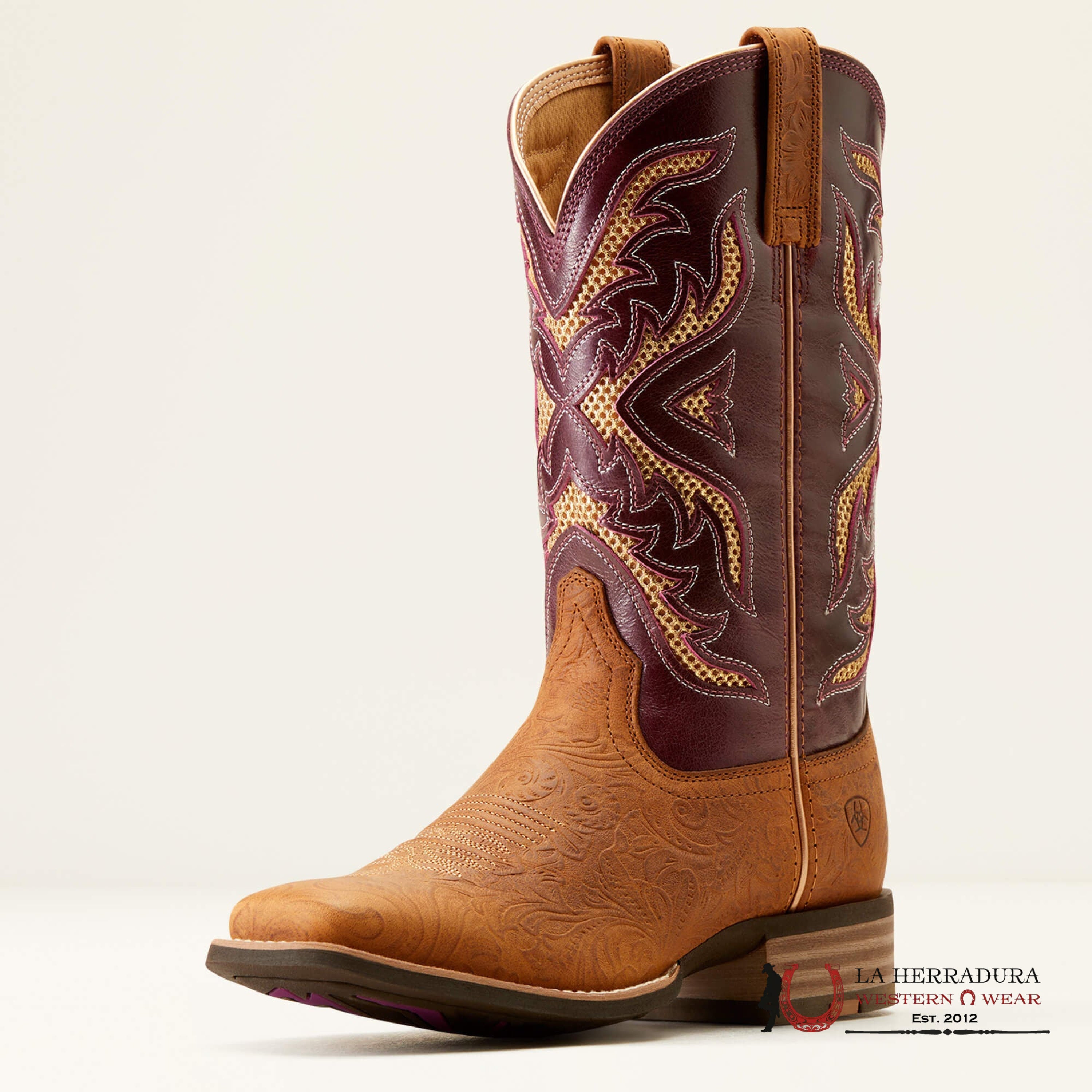 WOMEN’S ARIAT SAN ANGELO VENTTEX 360 TOOLED TOASTED ALMOND AGED MERLOT BOOT- 10051023 BOTAS MUJERES