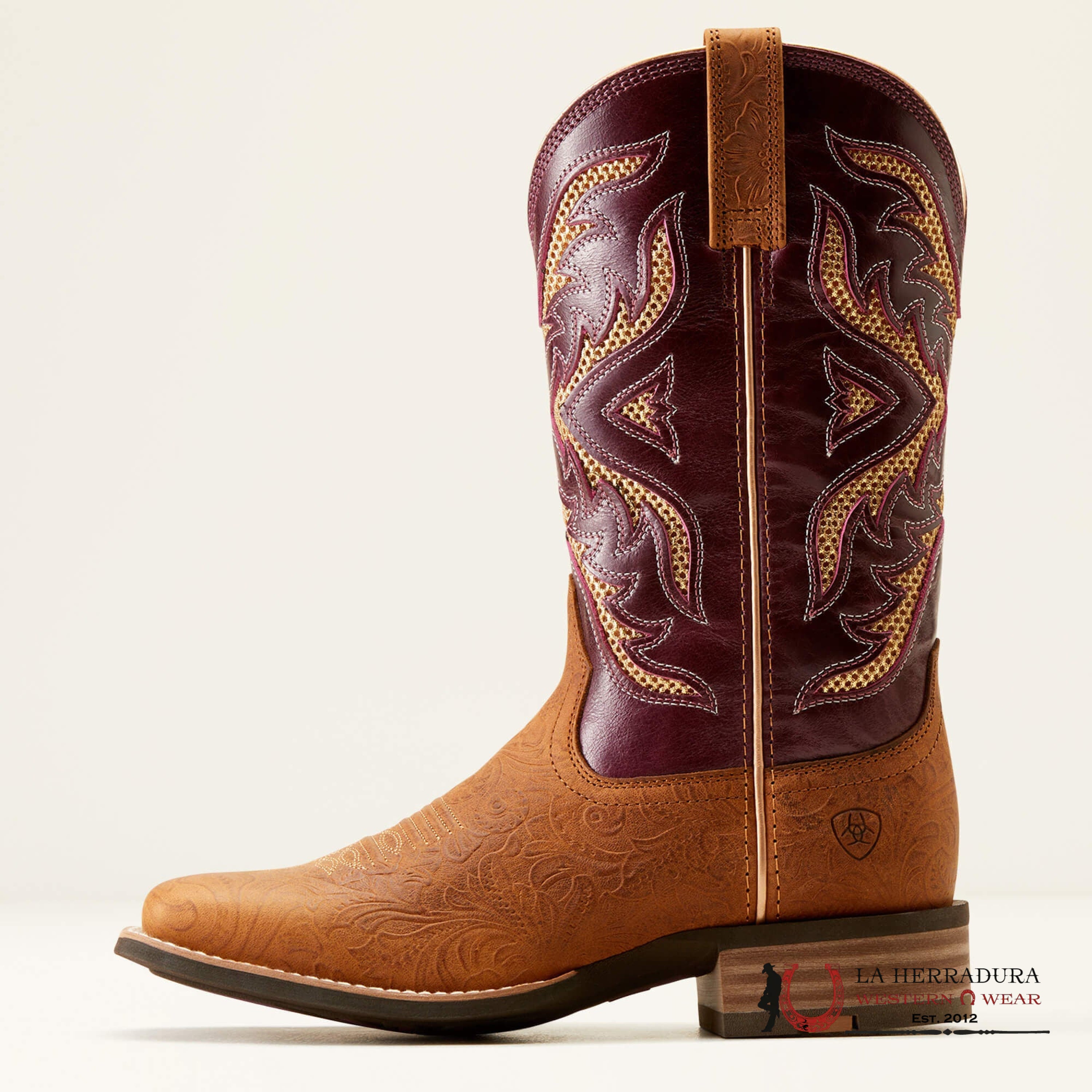 WOMEN’S ARIAT SAN ANGELO VENTTEX 360 TOOLED TOASTED ALMOND AGED MERLOT BOOT- 10051023 BOTAS MUJERES