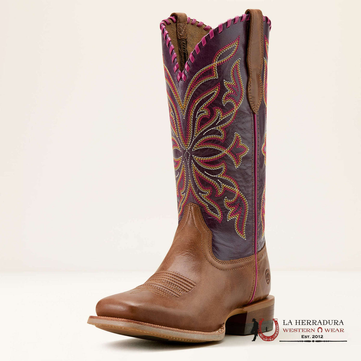 Bottes Western Ariat Pour Fille Taille 10 - Cuir Marron Gaufré Et Semelle Violette