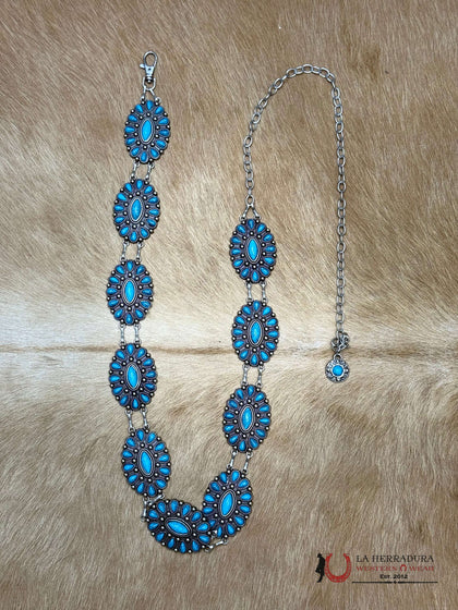 WOMENS BLUE SMALL FLOWER STONE CHAIN BELT