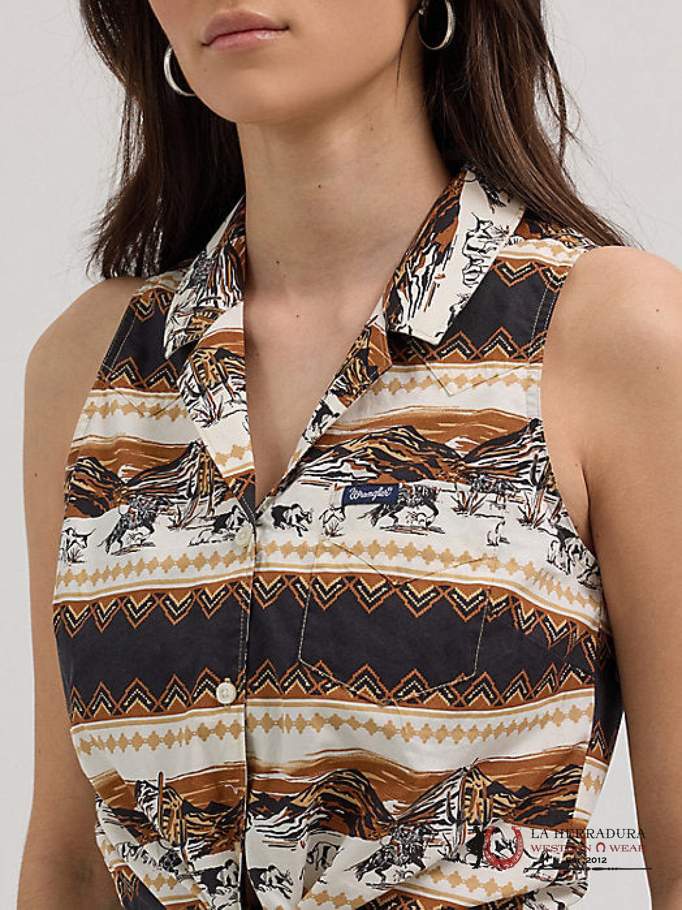 WOMEN’S BOLD PRINTED SLEEVELESS TIE FRONT SHIRT HORSE STRIPE - 4364 ROPA MUJERES