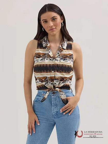 WOMEN'S BOLD PRINTED SLEEVELESS TIE FRONT SHIRT HORSE STRIPE - 4364