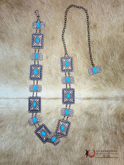WOMENS BRASS CHAIN BELT WITH BLUE STONE