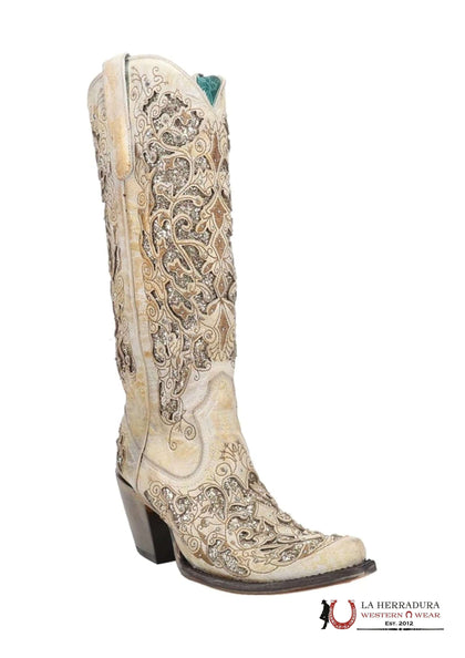 BOTAS ALTAS DE MUJER CORRAL BEIGE CON PURPURINA DESGASTADA E INCRUSTACIONES BORDADAS -A4345