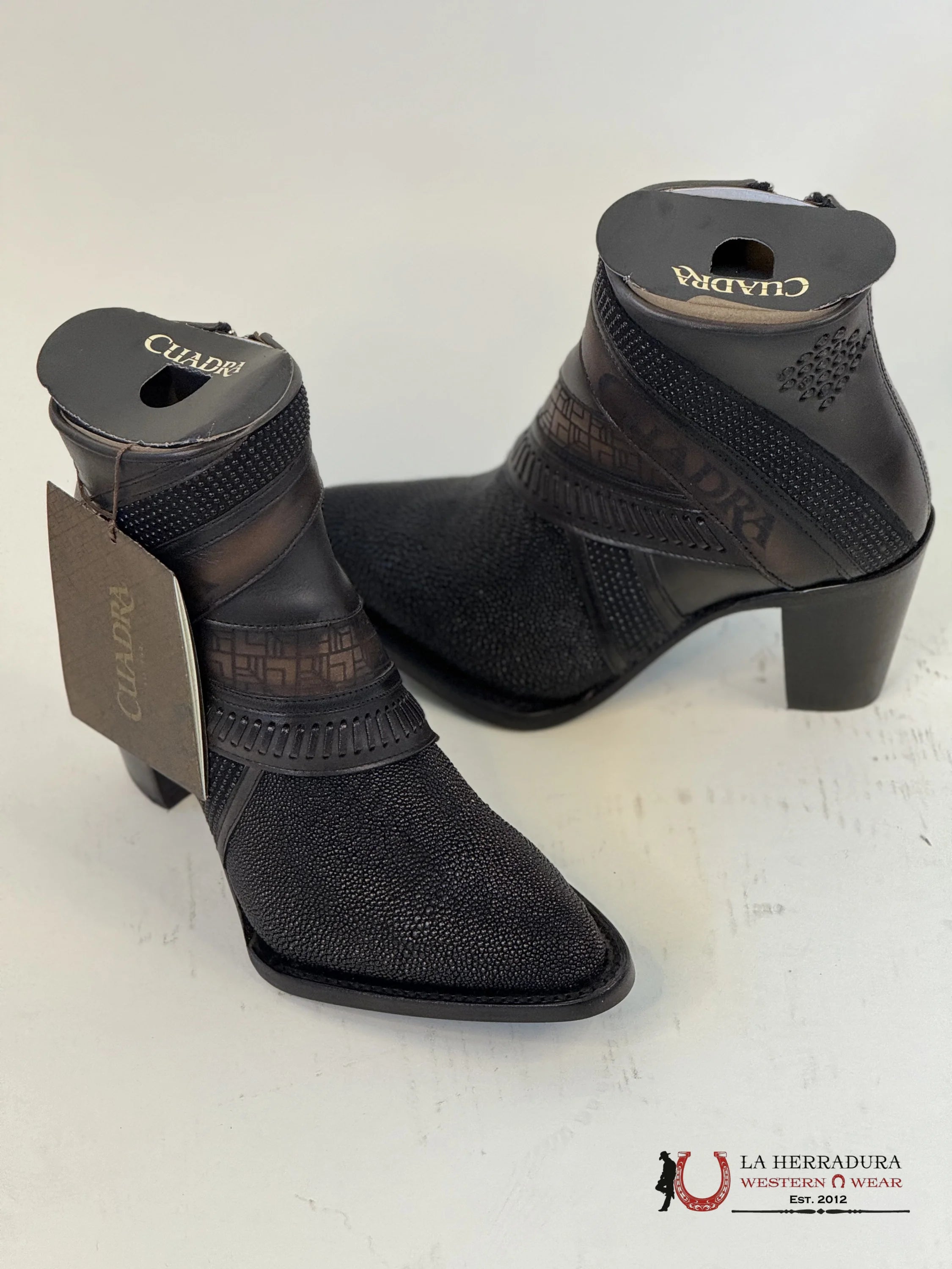 Womens Cuadra Black Stingray Laser Embroidery & Harness Short Boot Mantarraya Botines Botas Mujeres